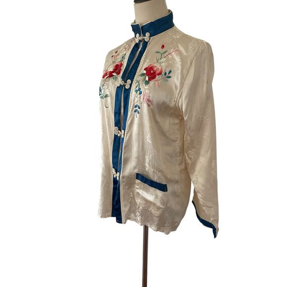 Vtg 50s Chinese Satin Embroidered Lounge Set Jacket & Pants Floral Frog Button - Picture 2 of 16